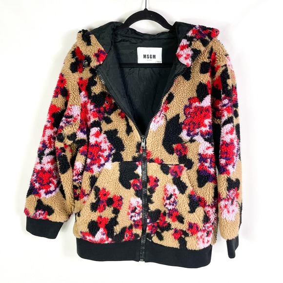 MSGM Giubbino Fleece Jacket Tan Red Floral Sherpa Zip Up Hooded Sz 38 / 4 US